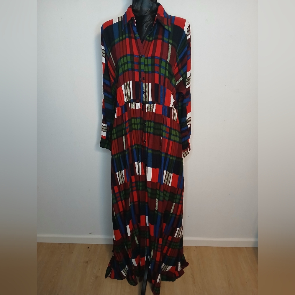 Red and Green Pleated Long Sleeve Dress